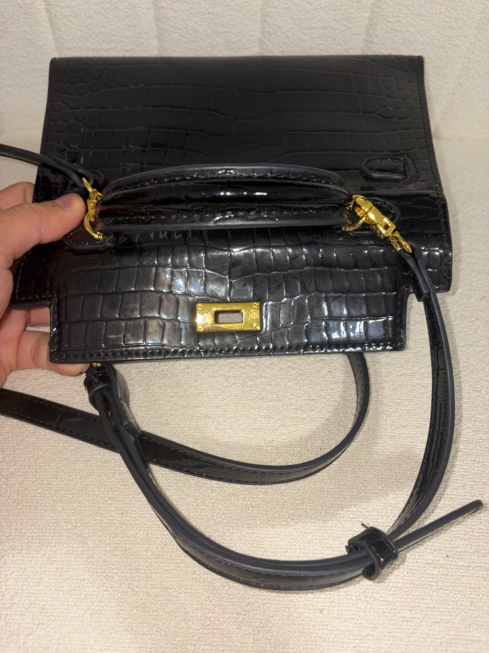 Black Croc Embossed Mini Top Handle Bag - Structured Kelly Style Gold Hardware - Picture 4 of 8